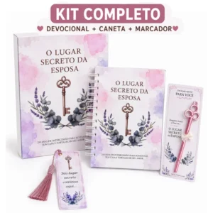 Kit Devocional O Lugar Secreto da Esposa capa floral com caneta chave e marcador de páginas