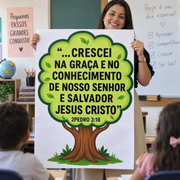 Professora segurando cartaz 2 Pedro 3:18 para Ministério Infantil