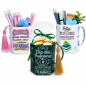Lembrancinha Dia dos Professores com três modelos de caneca de papel