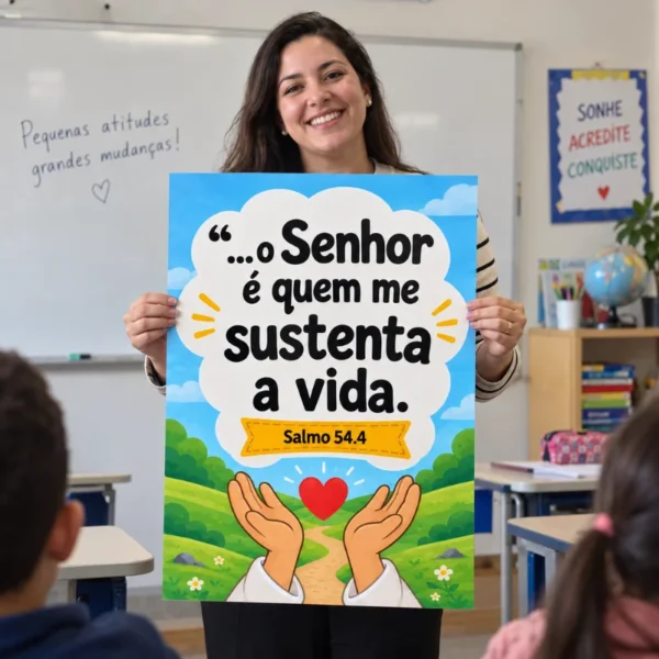 Professora apresentando cartaz Salmo 54:4 para crianças em sala de aula